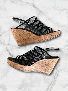Rampage Black Patent Strappy Wedge Sandals Cork Platform Heel Size 8 Y2K